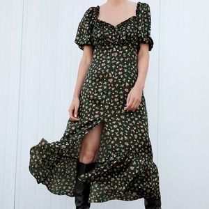Zara Prim Black Satin Fruit Printed Puff Sleeve Dress